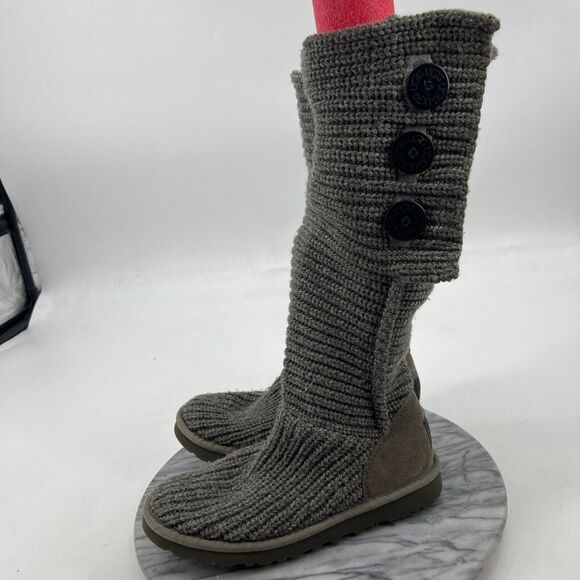 UGG Classic Cardy Boot Womens 7 Gray Wool Knit Tall Foldover Slouch Button - Picture 4 of 12